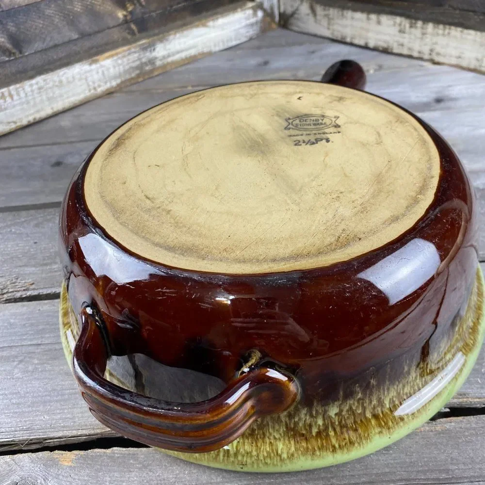DENBY Stoneware 2 1/2 Qt. Cooking Pot Pan Green And Brown With Handle